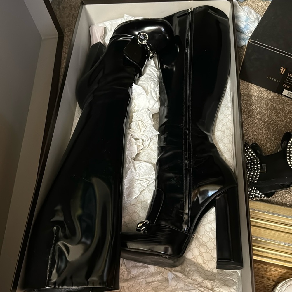 Gucci Black Patent Platform Knee-High Boots with Silver Hardware